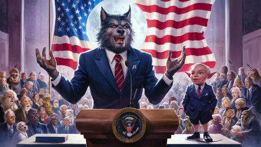 Mr. The Rougarou, former swamp werewolf, holds a press conference announcing his bid for the 2024 US Presidential Election alongside his running mate Mr. The Lutin - Promises to "Make America Howl Again"