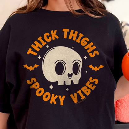 Thick Thighs Spooky Vibes Halloween Skull Shirt