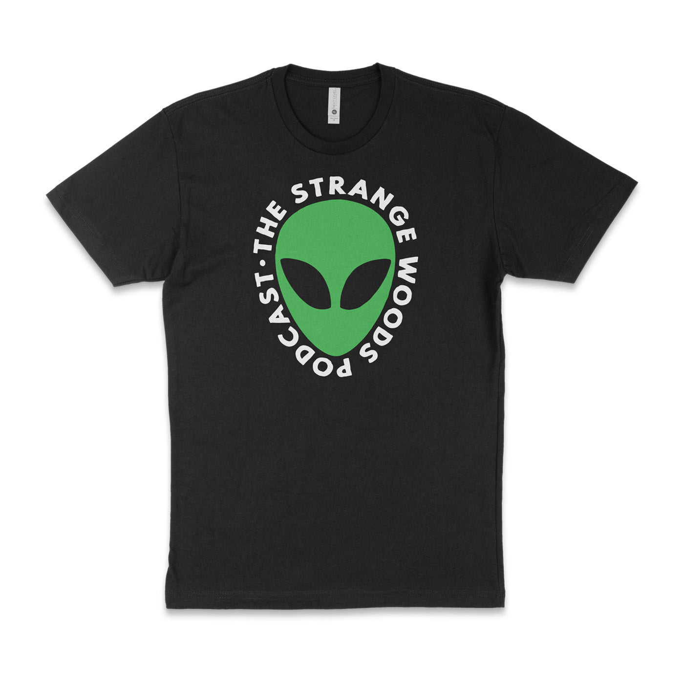 Green Roswell Alien Head Strange Woods Podcast Black Shirt