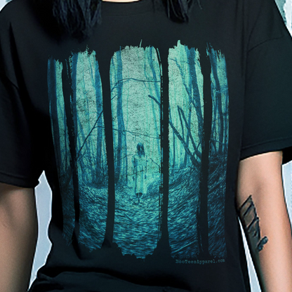 Ghost Girl in the Haunted Woods Black Shirt Closeup