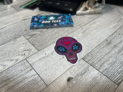 Purple and pink alien sugar skull sticker in style of Day of the Dead/Dia de los Muertos