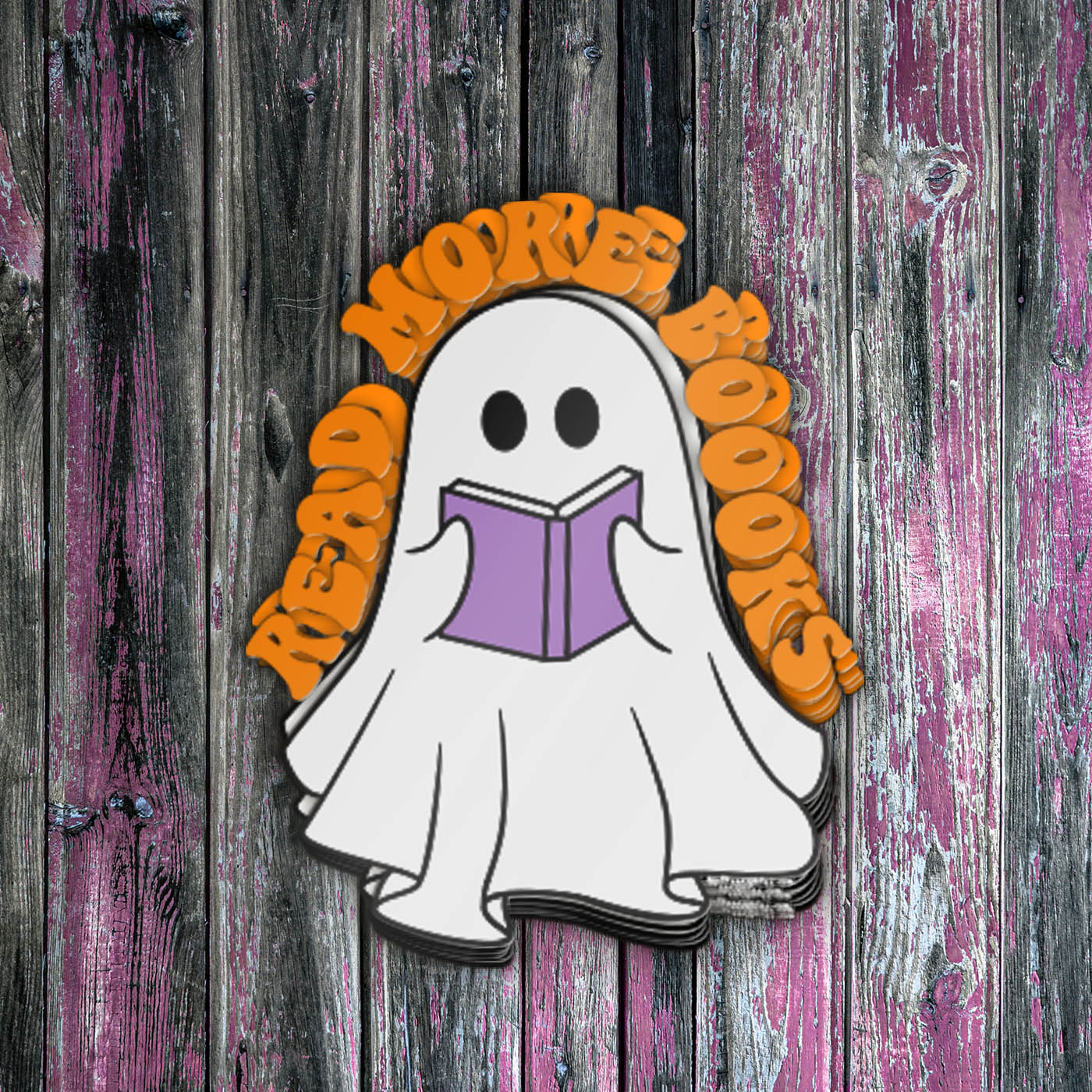 Stack of stickers featuring cute ghost reading a purple book with orange caption "Read More Boooks"