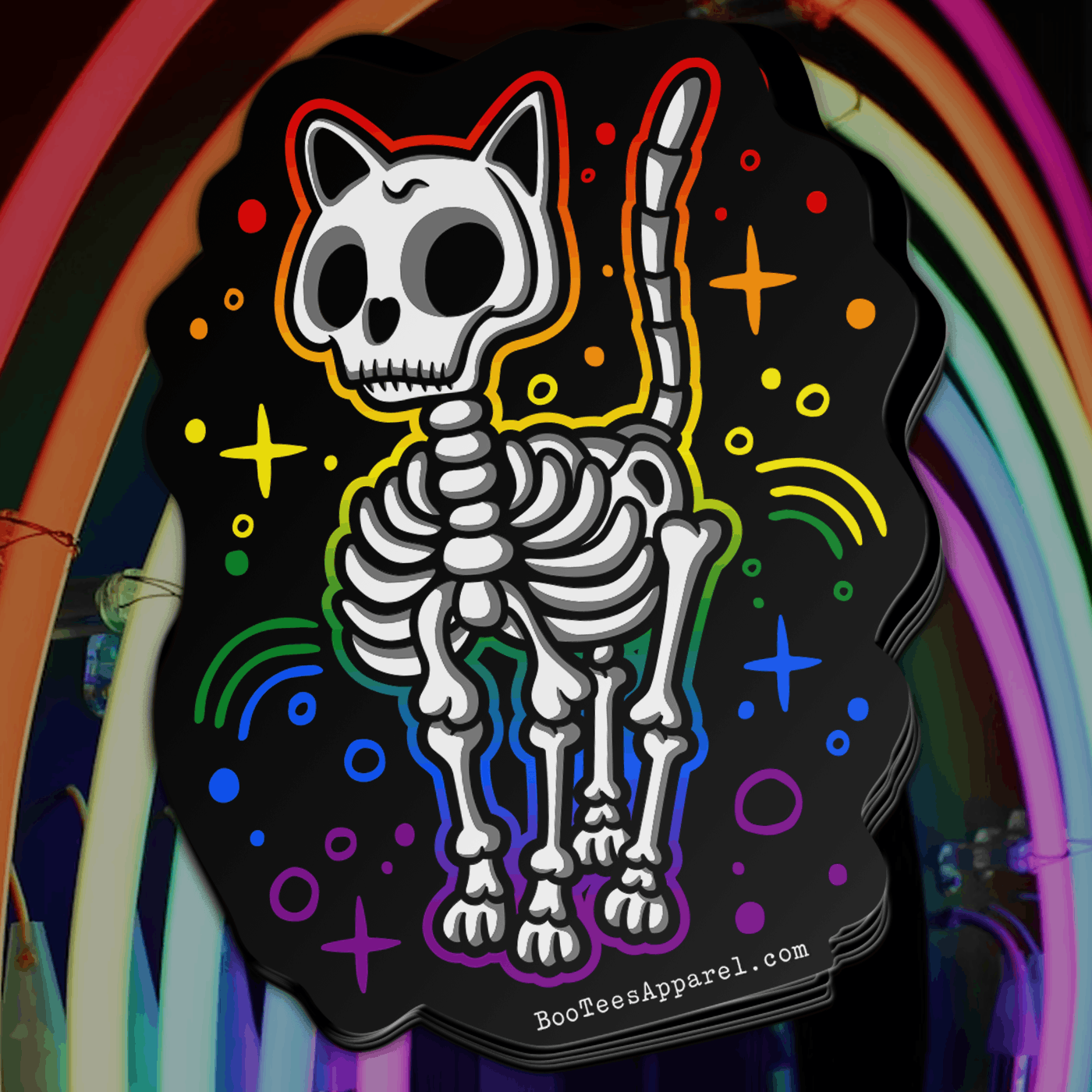 Skeleton Cat Pride Rainbow Full Color Sticker 4" wide / Holographic 