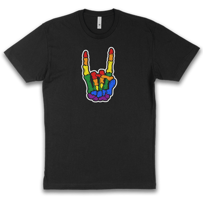 Skeleton Metal Horns Pride Rainbow Black Tee