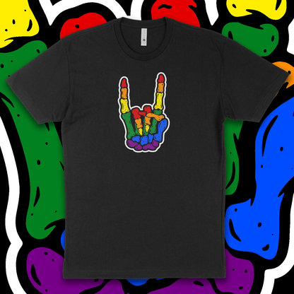 Skeleton Metal Horns Pride Rainbow Black Tee Black / 4XL / Hoodie 