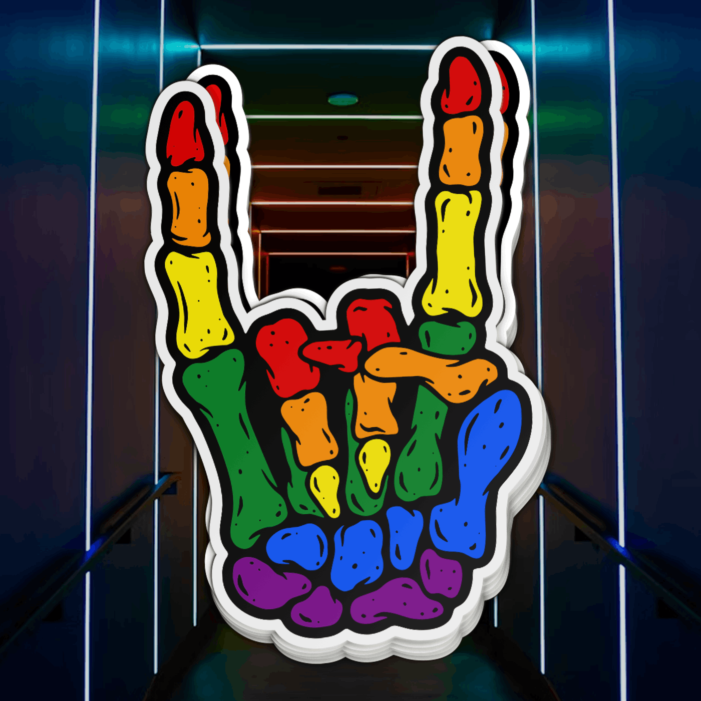 Skeleton Metal Horns Pride Rainbow Full Color Sticker 4" tall / Holographic 
