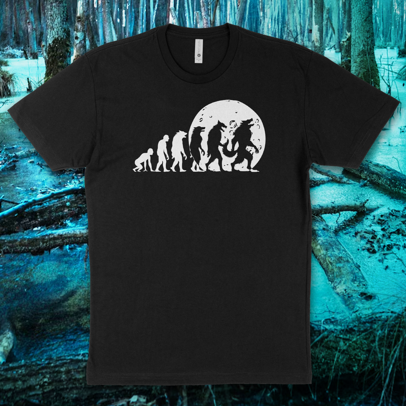 Evolution of a Rougarou Swamp Werewolf with Full Moon Black Tee