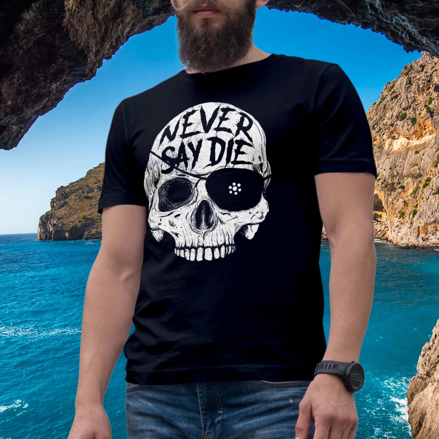 Never Say Die One Eyed Willie Skull Black Shirt