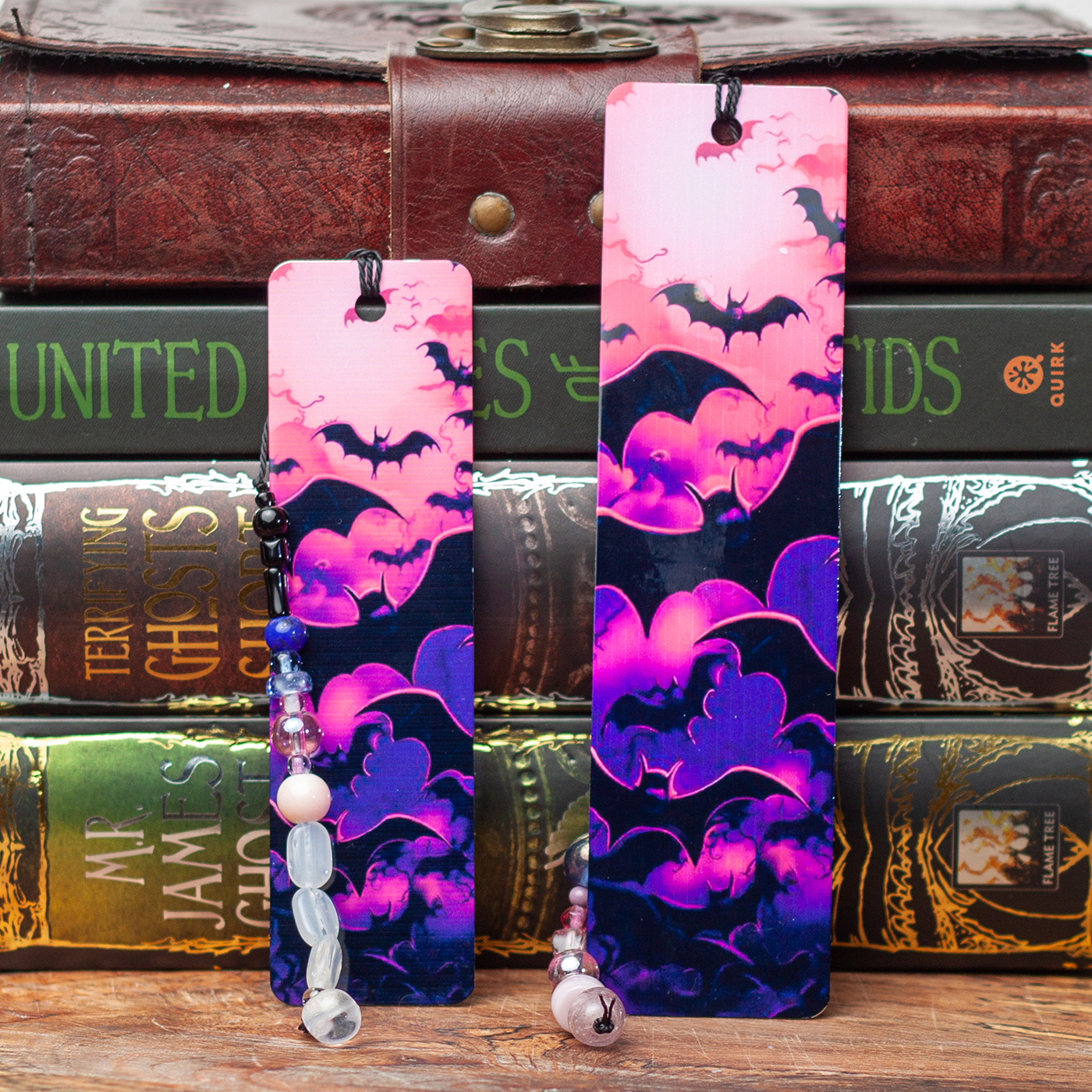 Pink Sky with Bats Metal Bookmark